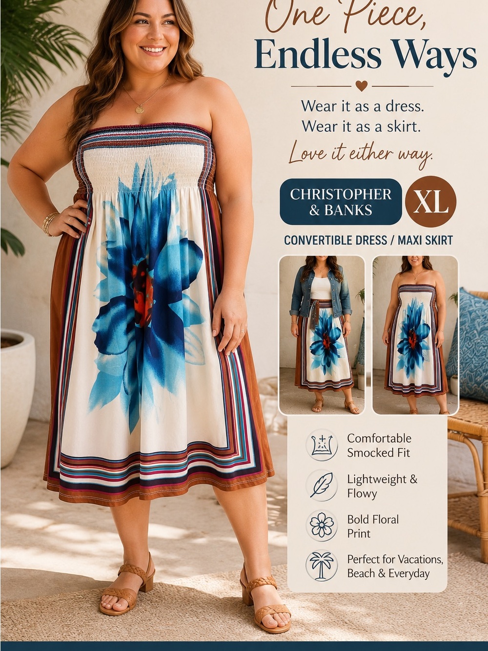 Christopher & Banks Strapless Convertible Dress in Cream with Blue Floral